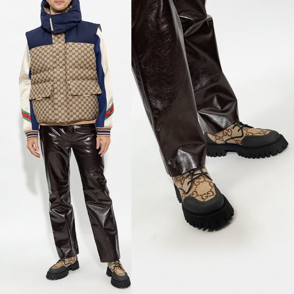 GUCCI SHOES MENS MAXI GG CANVAS LACE-UP LOAFERS w LUG SOLE - Picture 2 of 15